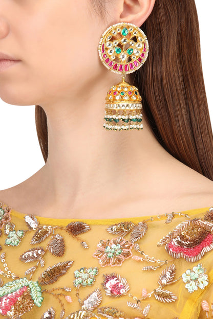 Gold Finish Multi-Colour Kundan, Pearl and Green Moti Jhumki Earrings