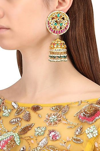 Gold Finish Multi-Colour Kundan, Pearl and Green Moti Jhumki Earrings