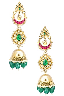 Gold Finish Three Layer Kundan, Pearl and Moti Jhumki Earrings