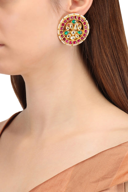 Gold Finish Kundan and Pearls Stud Earrings