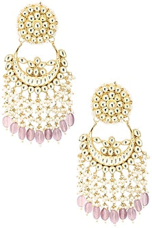 Gold Finish Kundan and Lilac Crystal Drop Chandbali Earrings