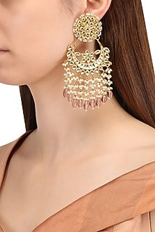 Gold Finish Kundan and Lilac Crystal Drop Chandbali Earrings