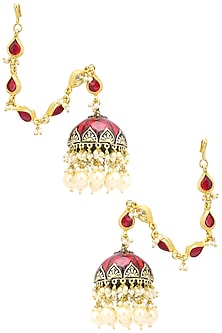 Gold Finish Kundan and Red Meena Work Jhumki Earrings