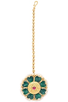 Gold Finish Green Kundan and Pearls Flower Maangtika