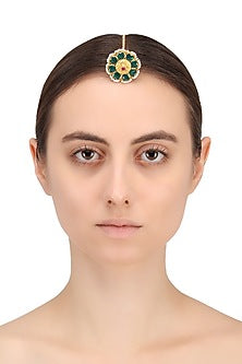 Gold Finish Green Kundan and Pearls Flower Maangtika