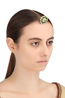 Gold Finish Green Kundan and Pearls Flower Maangtika