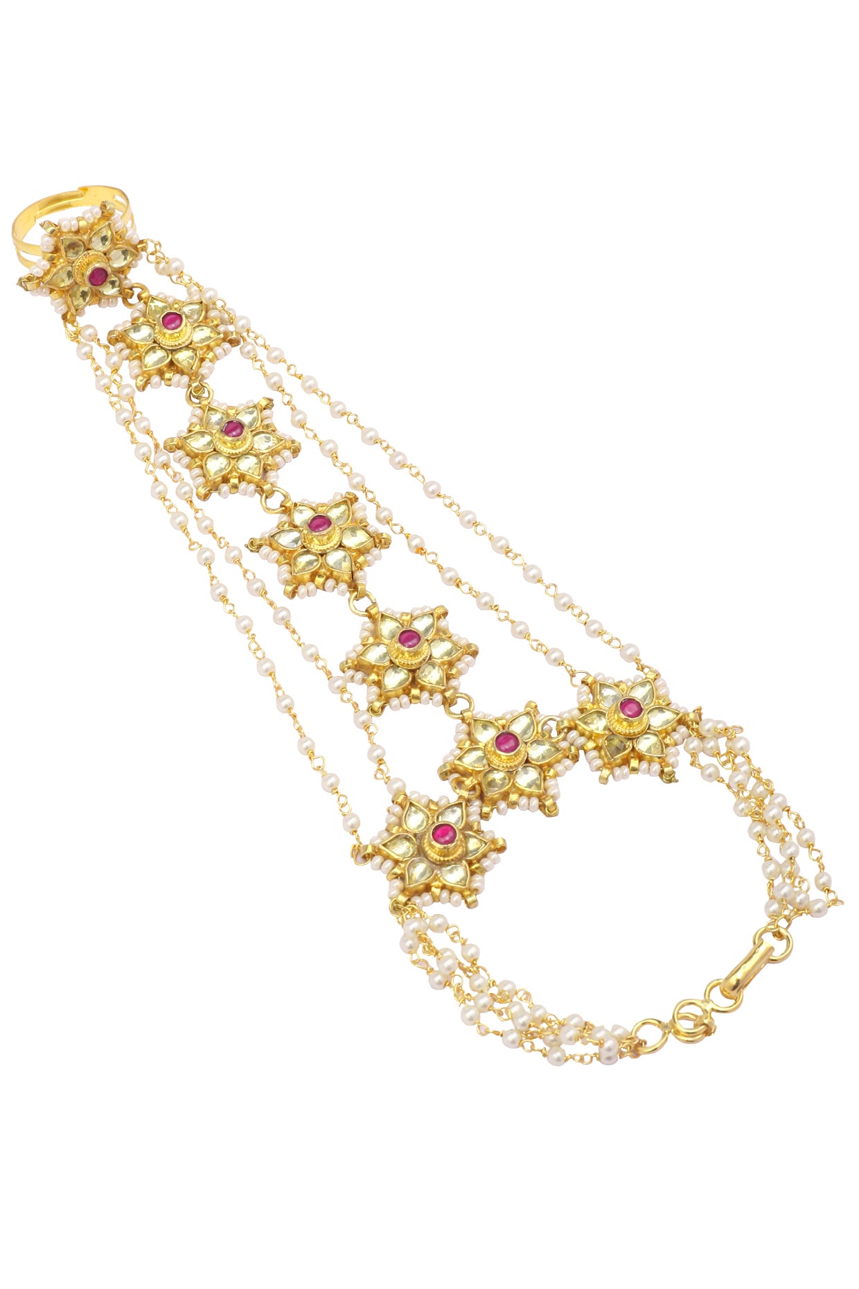 Gold Finish Floral Jadau, Kundan and Pearls Haath Phool