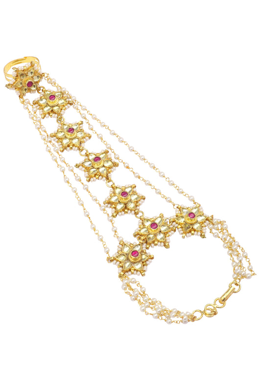 Gold Finish Floral Jadau, Kundan and Pearls Haath Phool