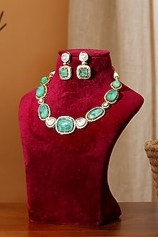 Gold Finish Mint Kundan Polki & Zircon Necklace Set