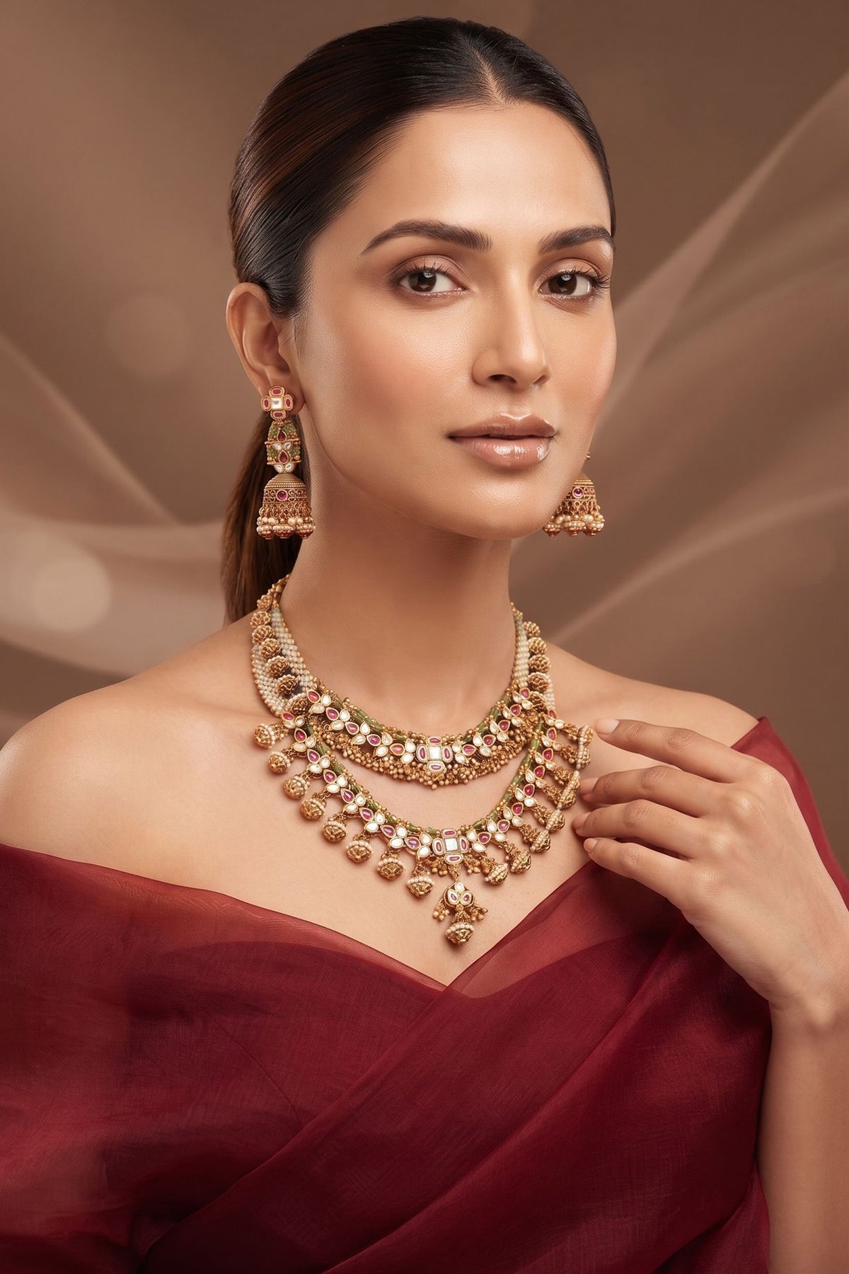 Gold Finish Multi-Colored Kundan Polki Necklace Set