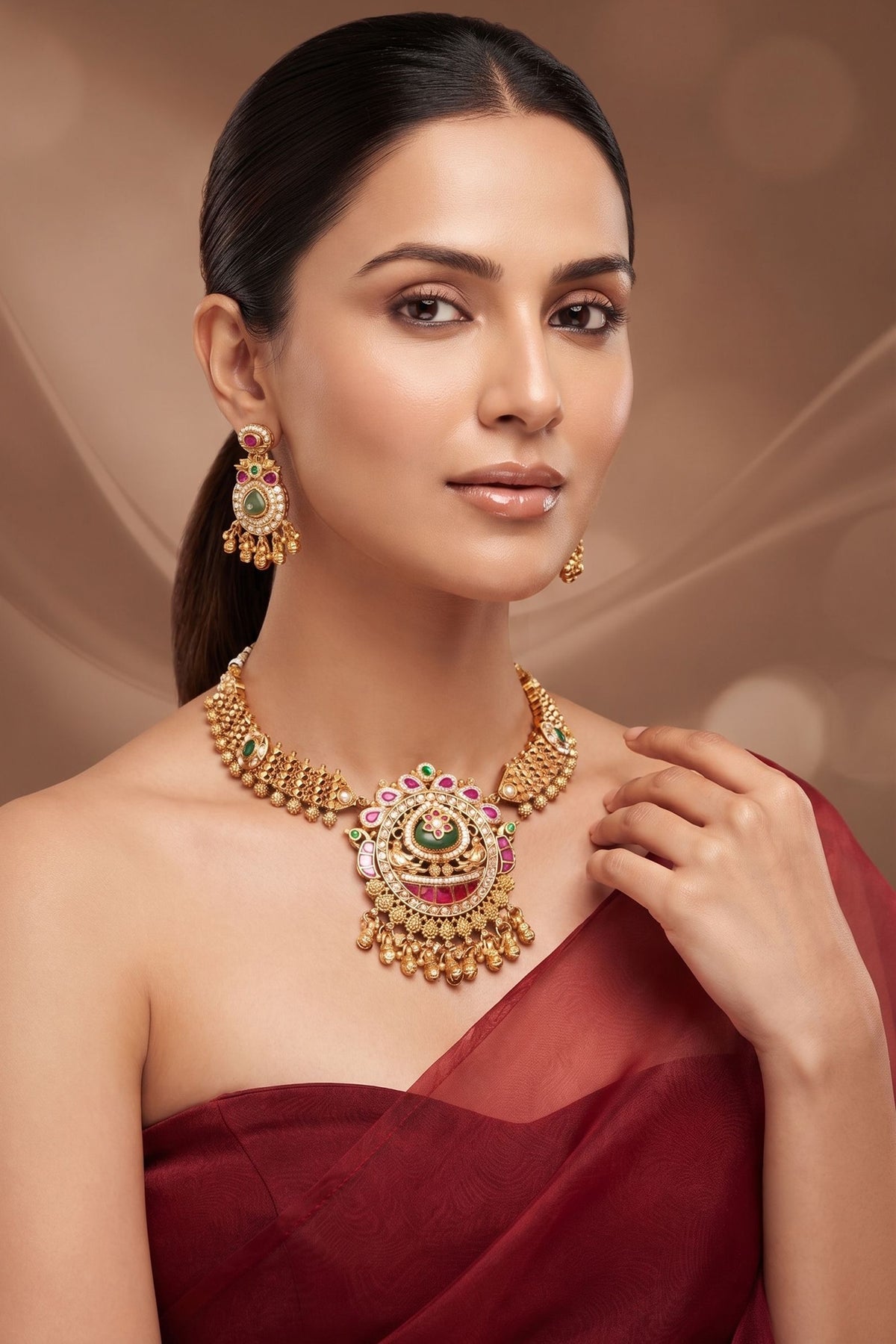 Gold Finish Multi-Colored Kundan Polki Temple Necklace Set