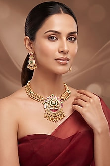 Gold Finish Multi-Colored Kundan Polki Temple Necklace Set