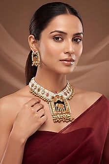 Gold Finish Multi-Colored Kundan Polki & Peacock Motifs Necklace Set