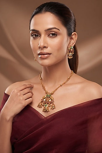 Gold Finish Multi-Colored Kundan Polki Pendant Necklace Set
