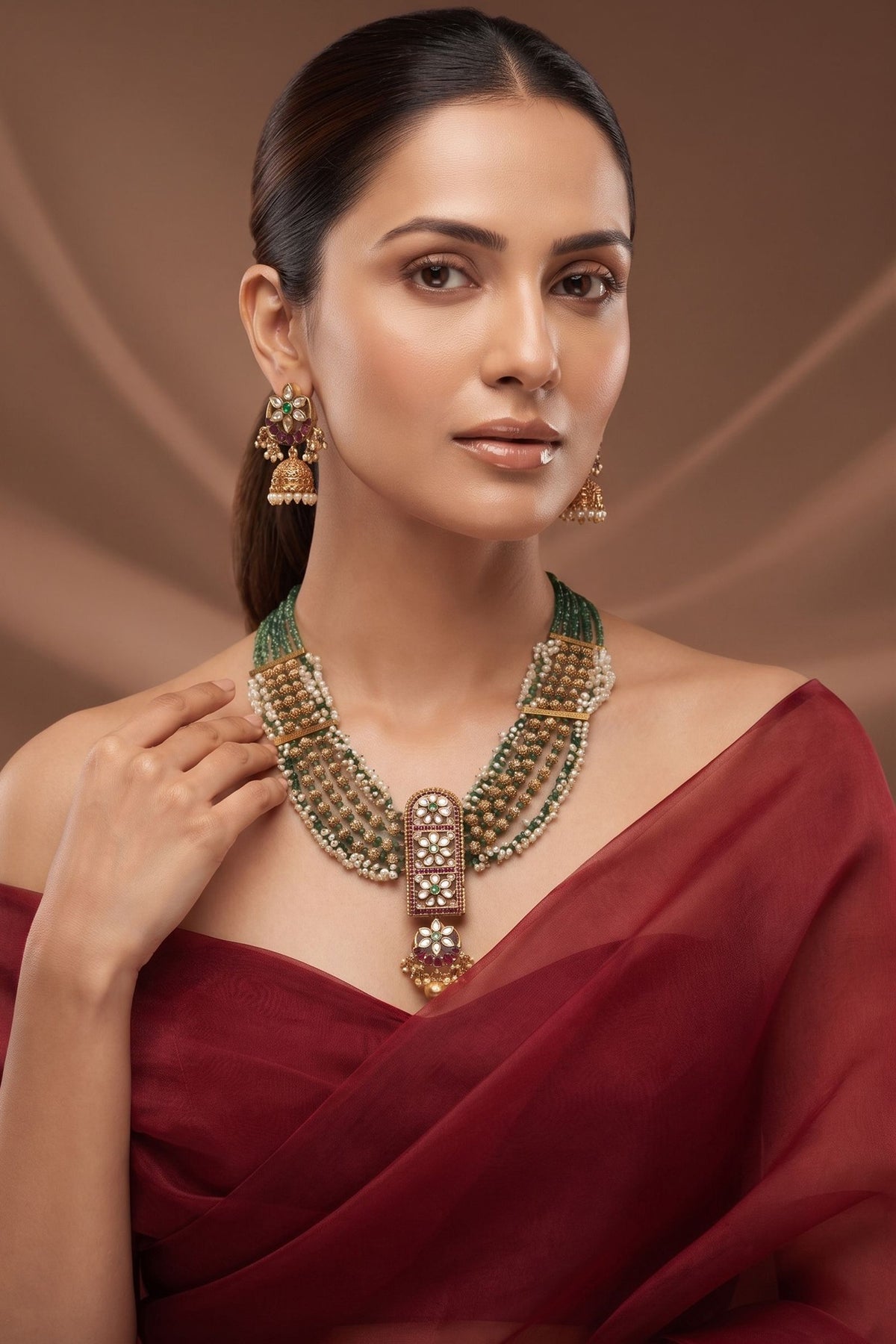 Antique Gold Finish Multi-Colored Kundan Polki Long Necklace Set