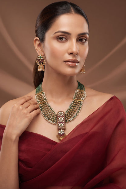 Antique Gold Finish Multi-Colored Kundan Polki Long Necklace Set