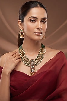 Antique Gold Finish Multi-Colored Kundan Polki Long Necklace Set