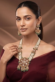 Antique Gold Finish Multi-Colored Kundan Polki Long Necklace Set
