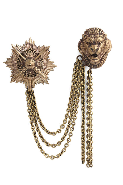 Antique Gold Finish Lion Head Brooch
