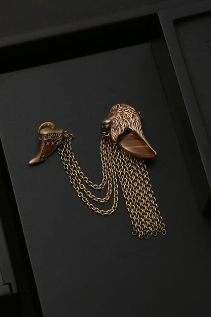 Antique Gold Finish Royal Lion Dangling Chain Brooch