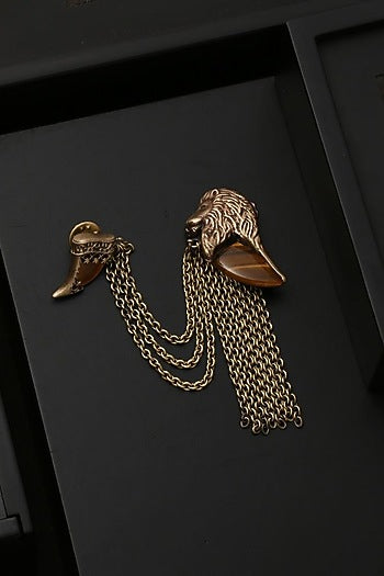 Antique Gold Finish Royal Lion Dangling Chain Brooch