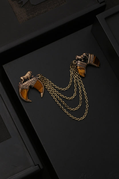 Antique Gold Finish Genuine Tiger Eye Stone Dangling Chain Brooch