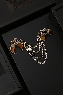 Antique Gold Finish Genuine Tiger Eye Stone Dangling Chain Brooch