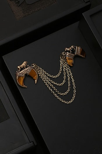 Antique Gold Finish Genuine Tiger Eye Stone Dangling Chain Brooch