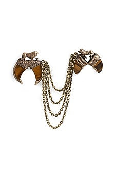 Antique Gold Finish Genuine Tiger Eye Stone Dangling Chain Brooch