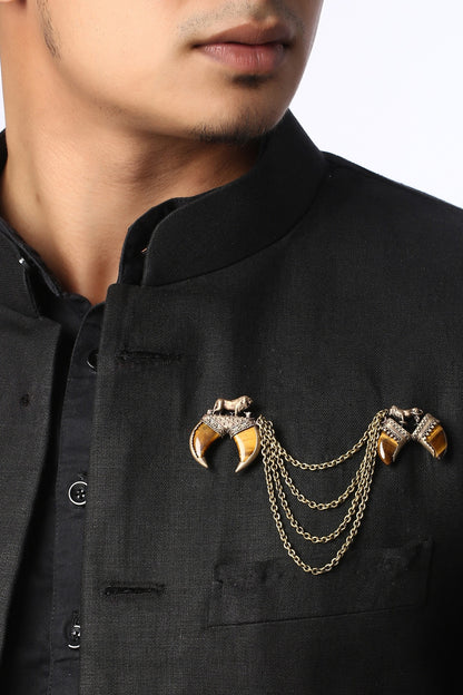 Antique Gold Finish Genuine Tiger Eye Stone Dangling Chain Brooch