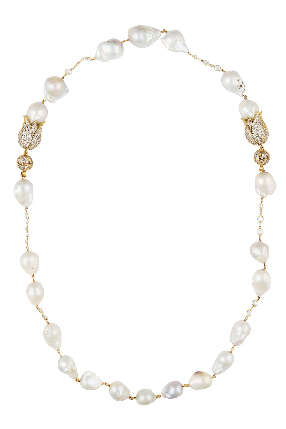 Baroque pearls and swarovski crystals two tulip string necklace
