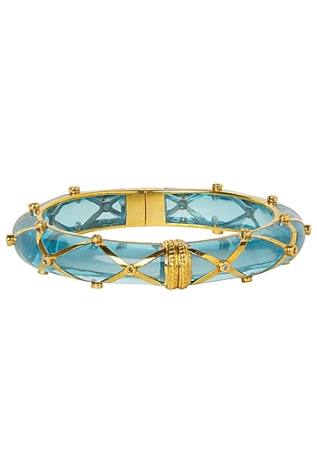 Aqua Blue and Gold Ribbon Facet Bangle