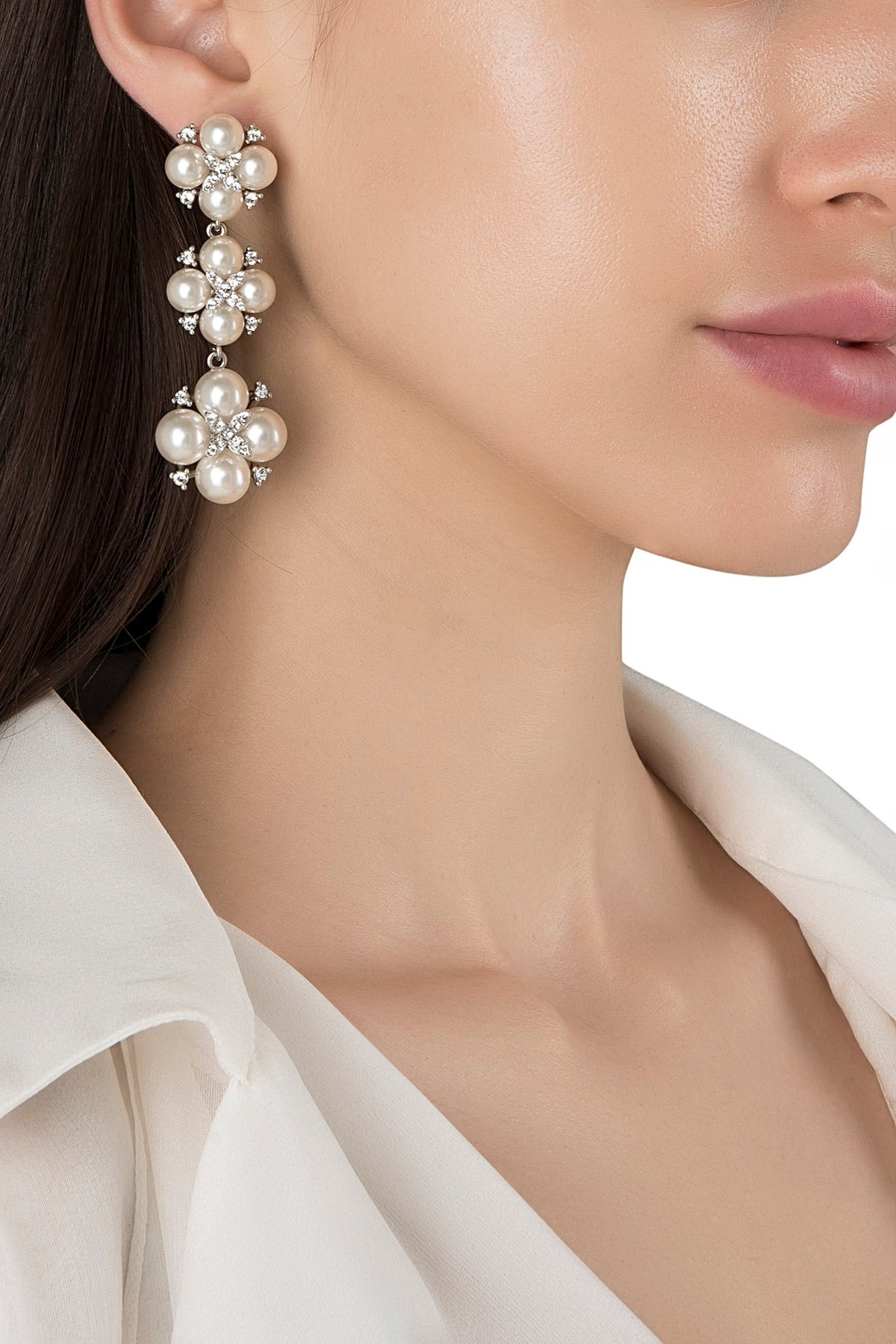 Rhodium Plated Pearl Dangler Earrings