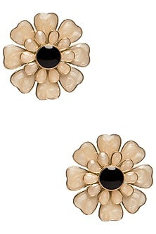 Gold Plated White and Black Layered Flower Stud Earrings