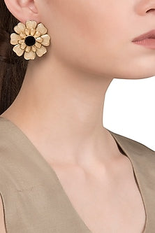 Gold Plated White and Black Layered Flower Stud Earrings