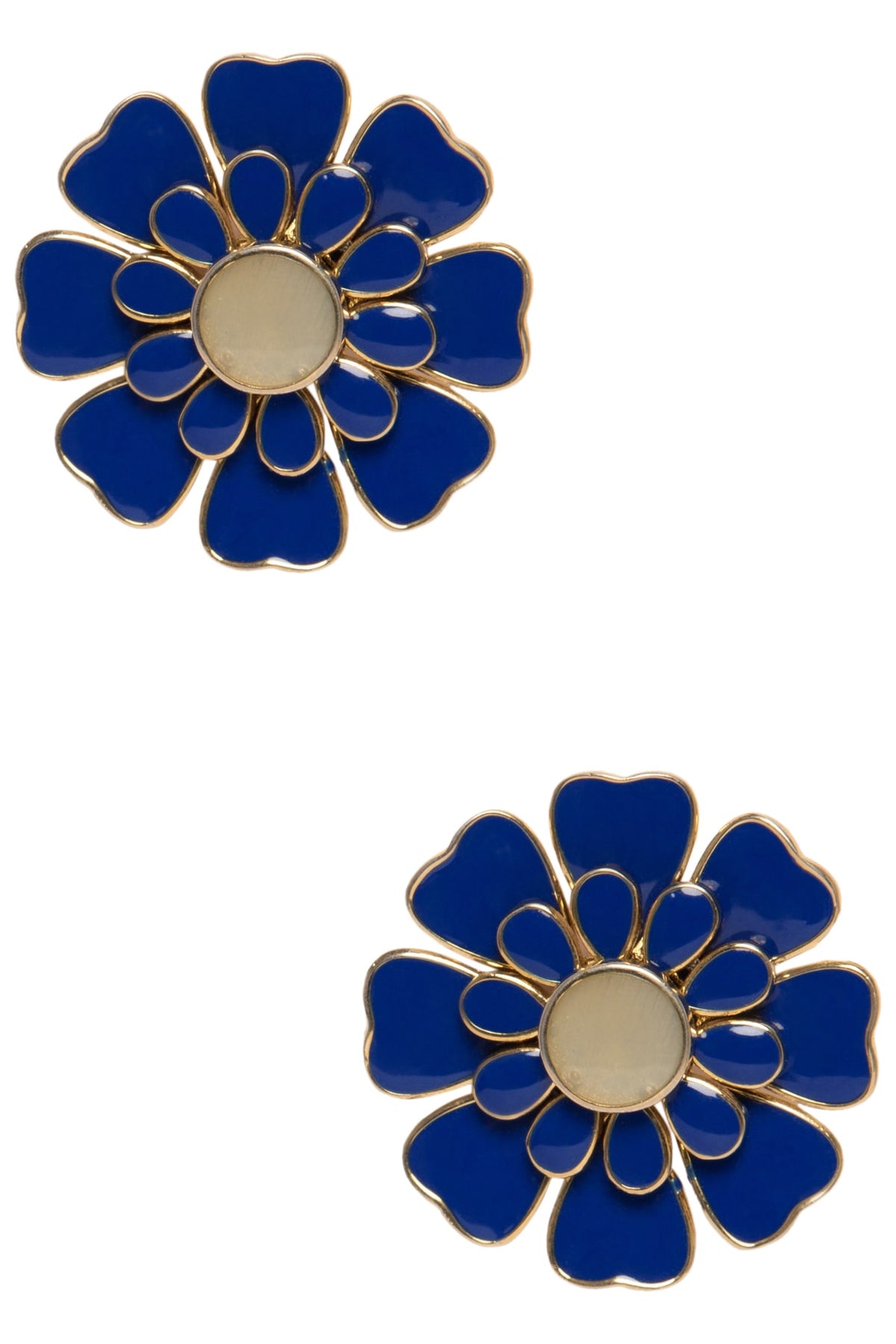 Gold Plated Blue and White Layered Flower Stud Earrings