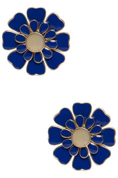 Gold Plated Blue and White Layered Flower Stud Earrings