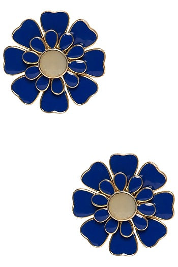 Gold Plated Blue and White Layered Flower Stud Earrings