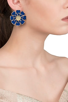 Gold Plated Blue and White Layered Flower Stud Earrings