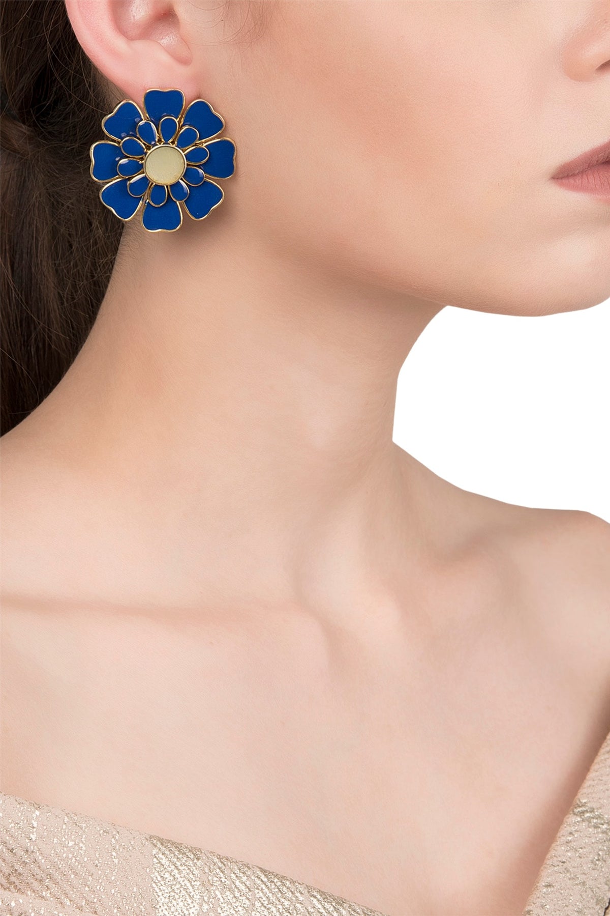 Gold Plated Blue and White Layered Flower Stud Earrings