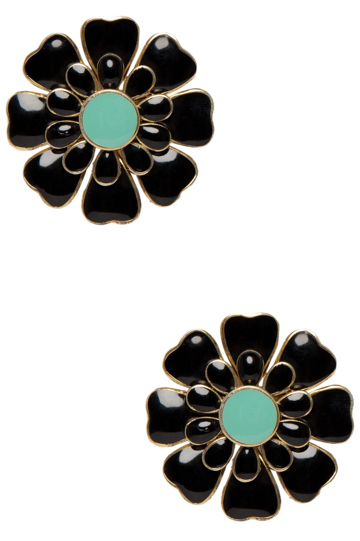 Gold Plated Black and Aqua Blue Layered Flower Stud Earrings