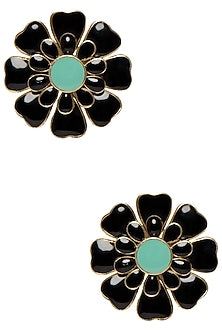 Gold Plated Black and Aqua Blue Layered Flower Stud Earrings