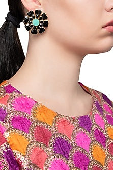Gold Plated Black and Aqua Blue Layered Flower Stud Earrings