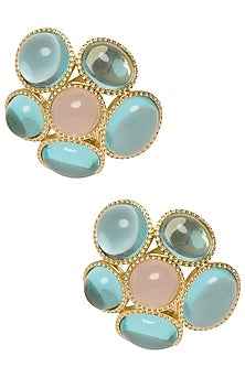 Gold Plated Aqua Blue and White Fleur Stud Earrings