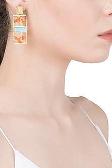 Gold Plated Turquoise and Orange Enamel Floral Earrings