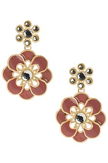 Gold Plated Red Enamel Layered Flower Earrings