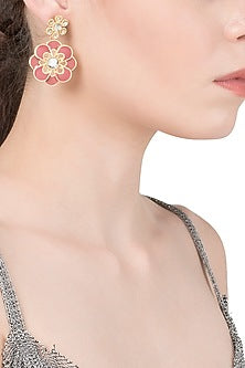 Gold Plated Red Enamel Layered Flower Earrings