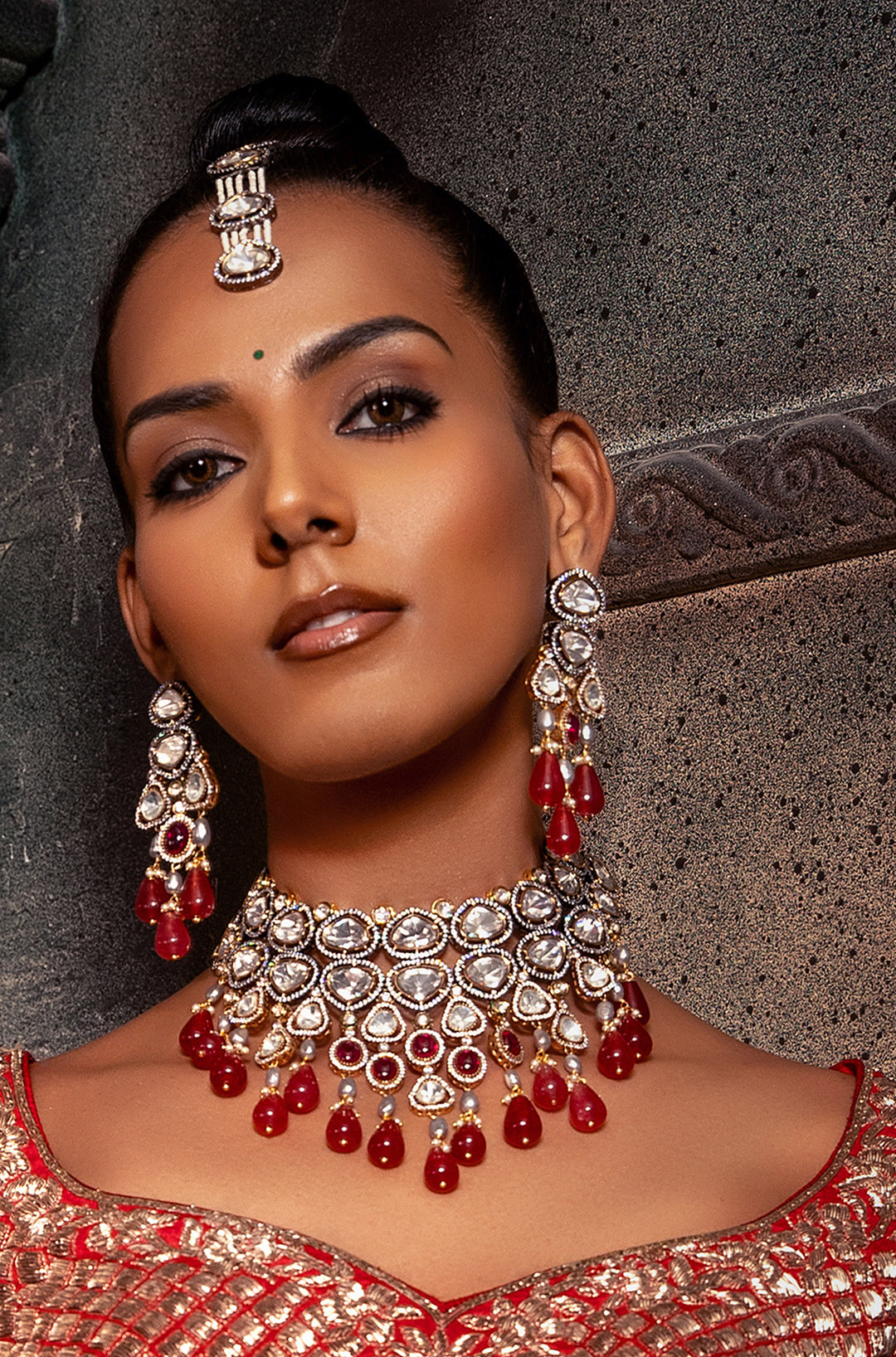 Red Polki Bridal Choker Set