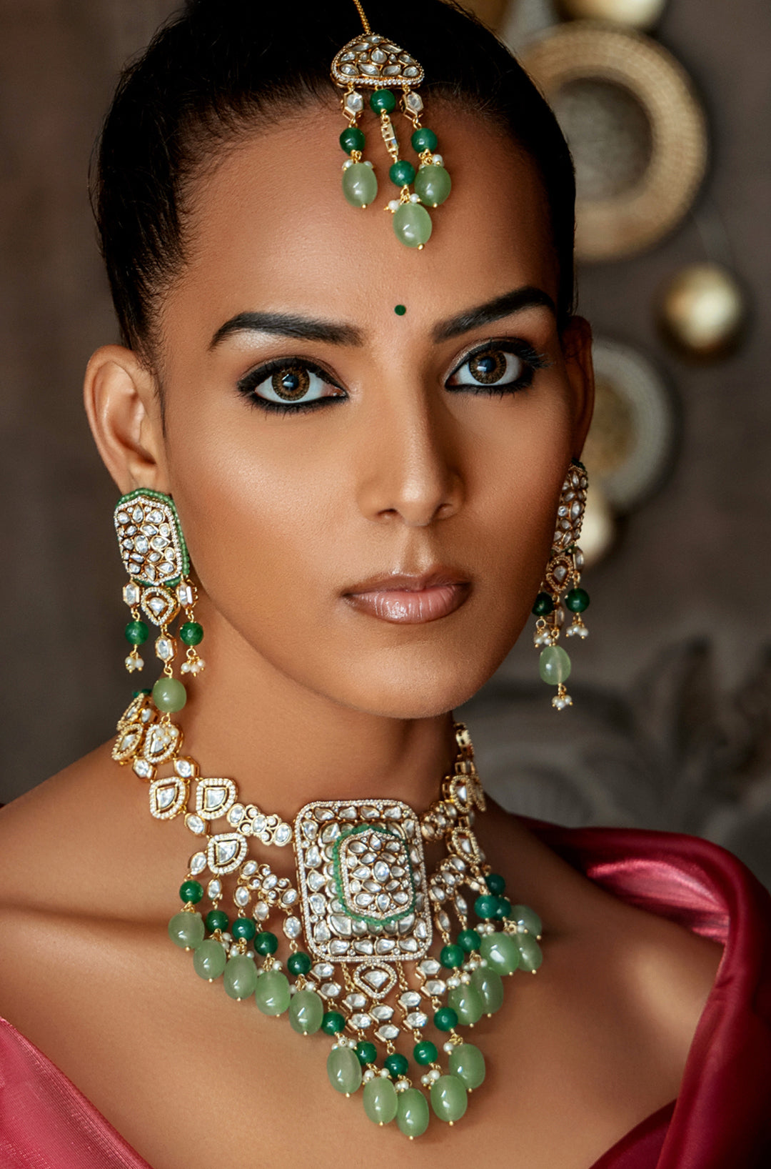 Polki & Green Jade Tumbles Bridal Necklace Set