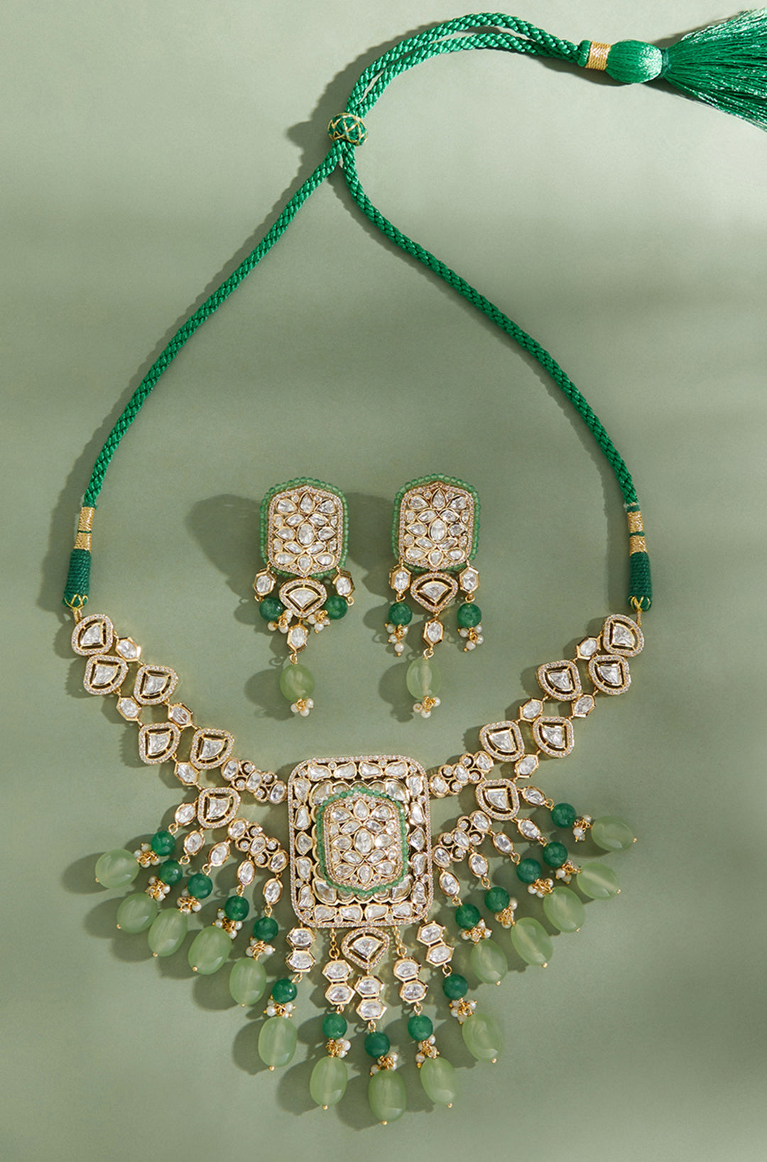 Polki & Green Jade Tumbles Bridal Necklace Set